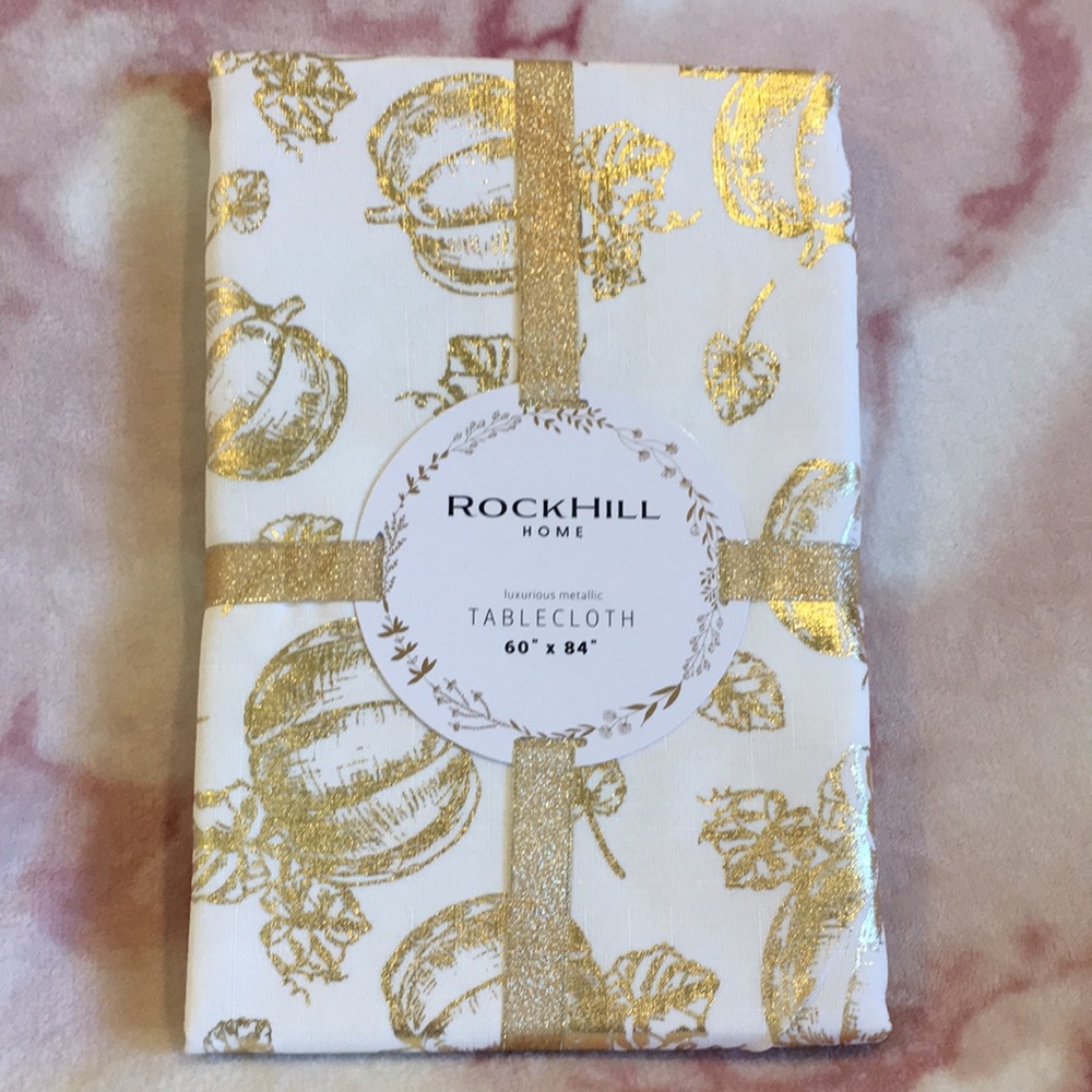 Metallic Pumpkin Harvest Fall Rectangular Tablecloth 60” X 84” sparkle gold NWT